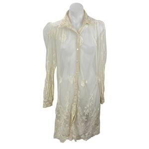 Navy Cream Floral Lace Mesh Sheer Long Puff Sleeve Button Down Shirt Dress OS